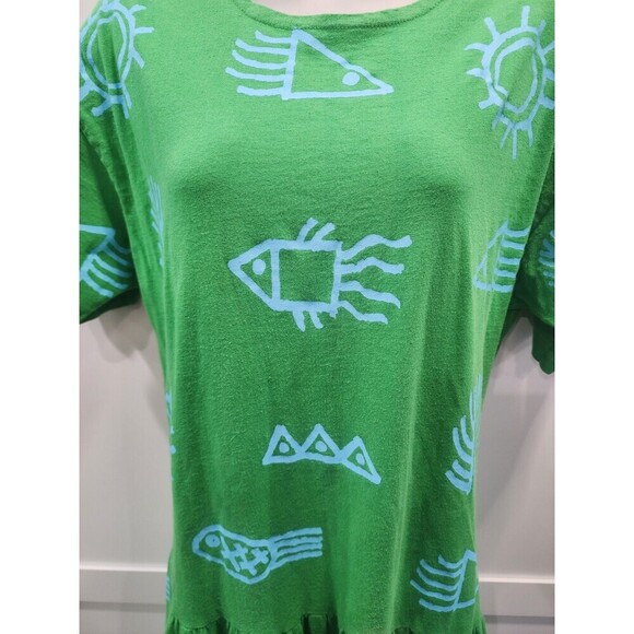 Cotton Fields By M. Mac Cotton Green Blue Fish Sun Long Dress Medium - Picture 3 of 6